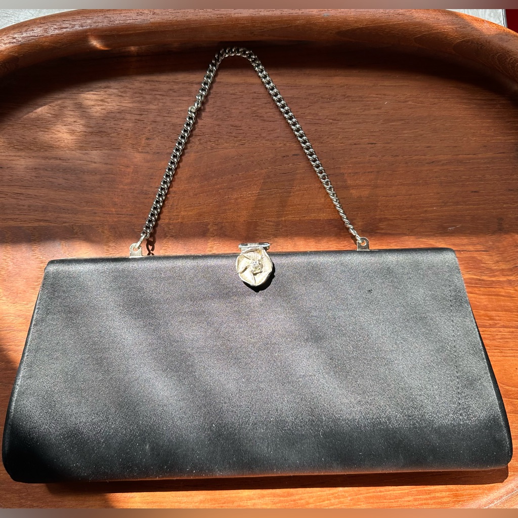 Classic Black Vintage Sateen Evening Bag With Silver Flower Closure